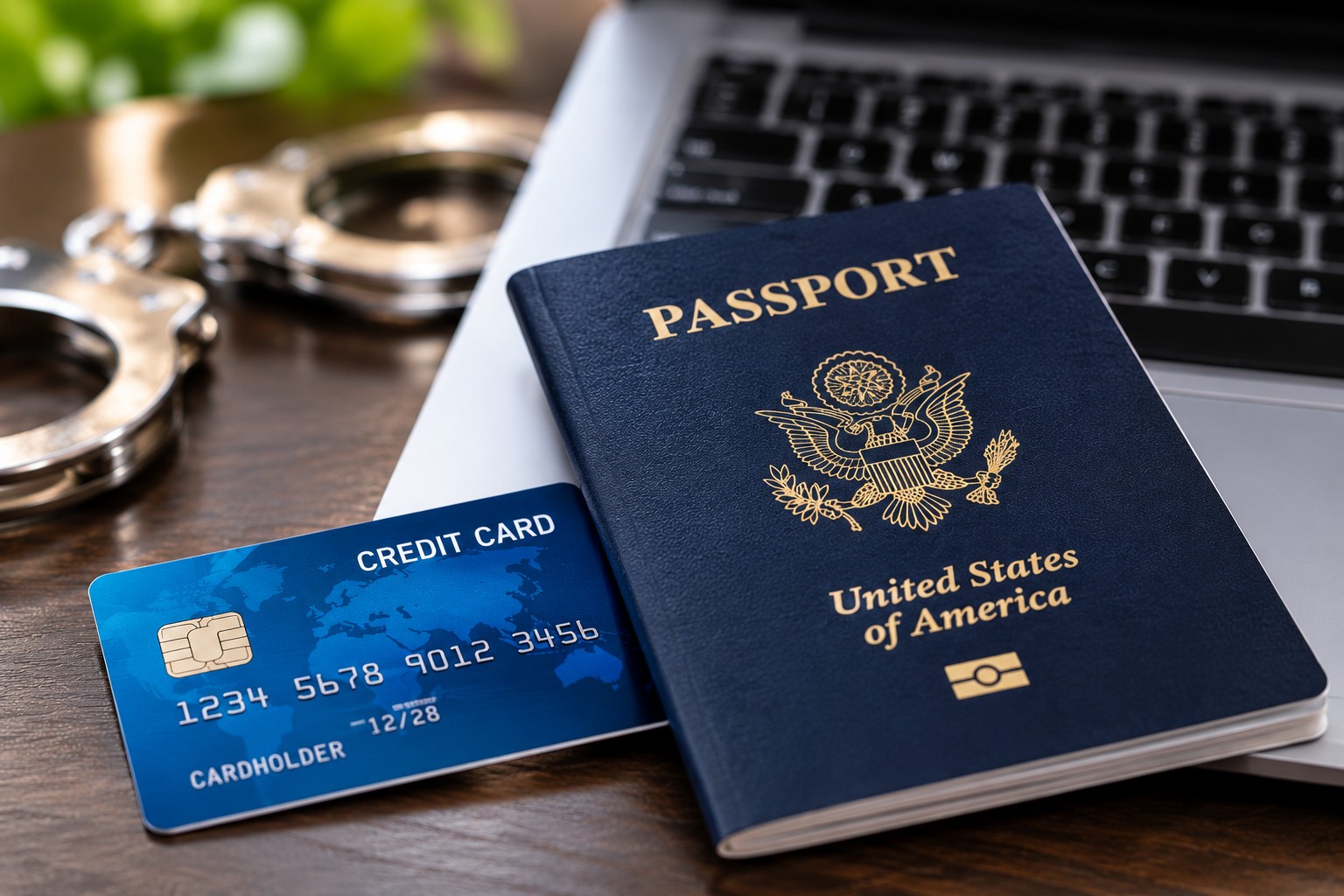 Passport, credit card and handcuffs representing a fraud investigation